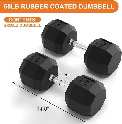 Rubber Coated Hex Dumbbell Weight Set, Multiple Sizes Exercise & Fitness Dumbbells,100LB Set,110LB Set,200LB,350LB,450LB,550LB, 35-50Lbs Pairs for Muscle Toning, Strength Building & Full Body Workout