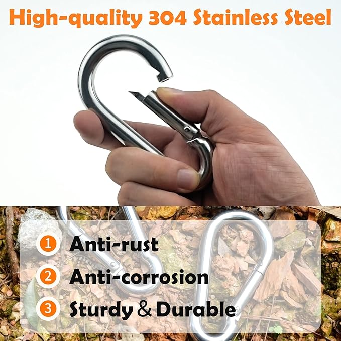 3 Inch Carabiner Spring Snap Hook Steel Clip Link Buckle Heavy Duty 8x80mm 10 Pcs for Outdoor Camping Hiking Hammock Swing, White