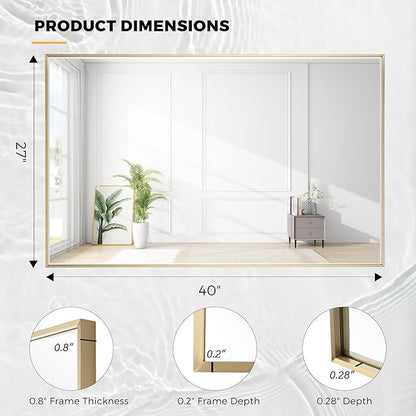 27x40 Inch Brass Bathroom Mirror for Wall, Aluminum Frame Rectangle Rectangular Vanity Mirror, Modern Large for Bedroom, Living Room, Horizontal or Vertical