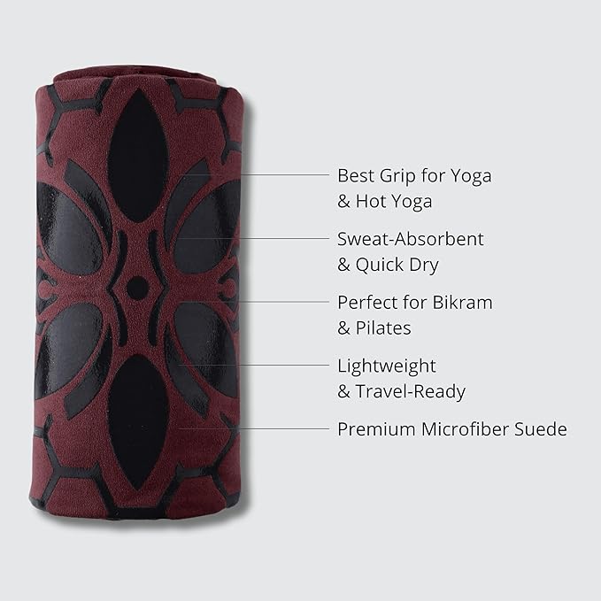 Clever Yoga Non-Slip Hot Yoga Towel – Non-Slip Grip for Hot Yoga, Sweat Absorbent, Honeycomb Silicone Grip, Stays Flat – Ideal for Pilates, Travel, Washable & Lightweight - Burgundy