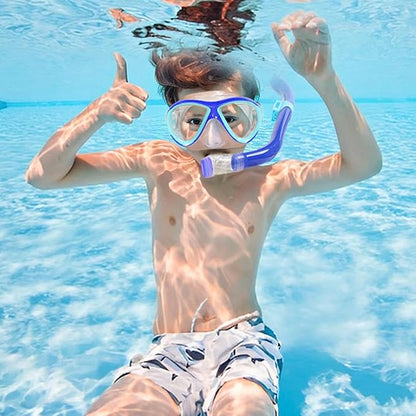 Kids Mask Fins Snorkel Set, Dry Top Snorkeling Gear for Kids Youth Boys Girls Junior Age 5-15 Tempered Glass Snorkel Mask Set Panoramic View Snorkeling Packages
