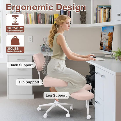 Meditation Chair Cross Legged ADHD Office Chair for Adults with Wheels Ergonomic Back Support and Leg Rest for Multi Position Criss Cross Sitting Kneeling and Yoga Height Adjustable, Leather Style