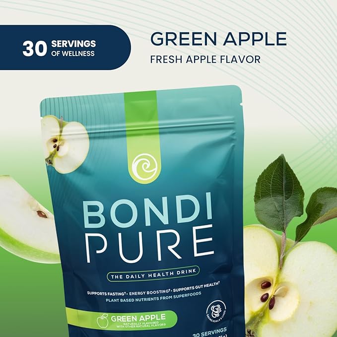 Bondi Pure - Daily Health & Detox Drink - Promote Gut Health & Energy Support During a Cleanse or Intermittent Fasting - Plant-Based Fibers, Alkalizing Super Greens - Green Apple (3-Pack)