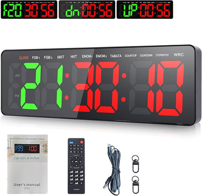 Gym Timer, 16.5" Large Digital Wall Clock for Gym Interval Workout, Remote Control LED Digital Timer for Home Decor, Living Room, Office, Gym, Classroom