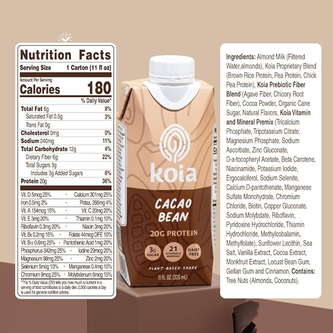 Koia Plant Based Protein Shake, Cacao Bean, 20g Protein, 3g Sugar, 6g Prebiotic Fiber, 21 Vitamins & Minerals, Meal Replacement Drinks, Dairy-Free, Gluten-Free, Non-GMO, 11 Fl Oz (Pack of 12)