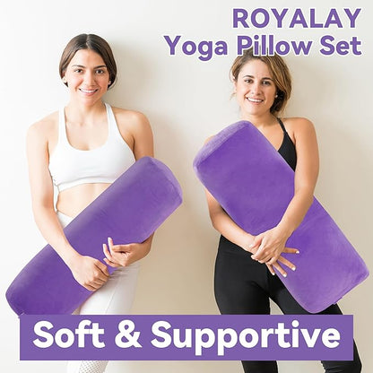 ROYALAY 2 Pcs Yoga Bolster Pillow for Restorative Yoga, Rectangular and Cylinder Meditation Pillow Set with Carrying Handles, Supportive Cushion for Exercise Workout Stretching Meditation,Purple