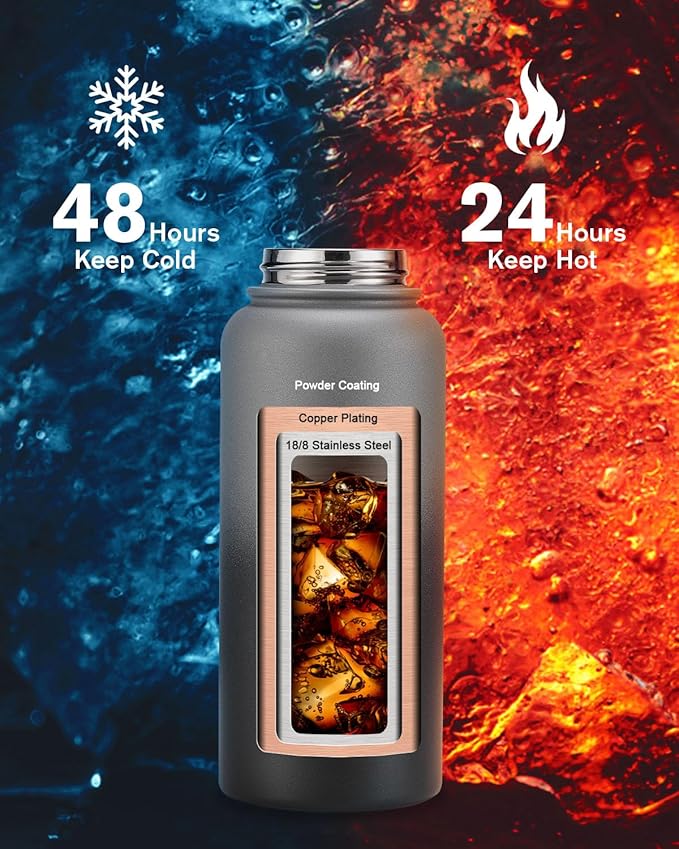 32oz Insulated Water Bottle,Stainless Steel Vacuum Water Bottle, BPA-Free & Leakproof -with Paracord Handle,Strap,Straw Spout Lids,Large Water Jug for Gym Sports