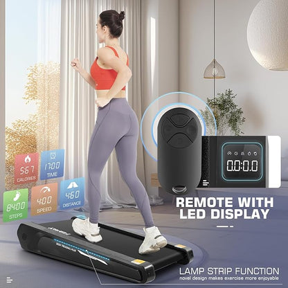 FUNMILY Smallest Walking Pad with 5% Incline, 2 in 1 Under Desk Treadmill for Home Office, 2.5 HP Mini Compact Walking Treadmill, Installation-Free/300lbs Weight Capacity/Unique Lighting Design