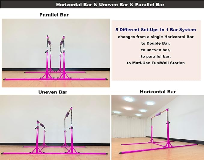 Gymnastics Double Horizontal Bars 3Play Parallel Bars Uneven Bars Gymnastics Training Kip Bar with 304 Stainless Steel Regulating Arms & Fiberglass Rail for Indoor Outdoor Home Club Use