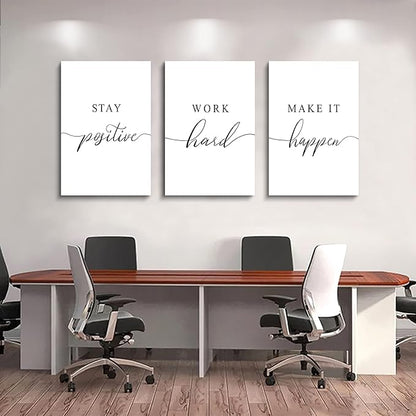 Framed Canvas Wall Art Work Quote, Office Wall Art Decor, Stay positive work hard make it happen, gift for father, boss gift, Inspirational Prints, Motivaional Wall Art (G-3pcs,16x24inchx3pcs)