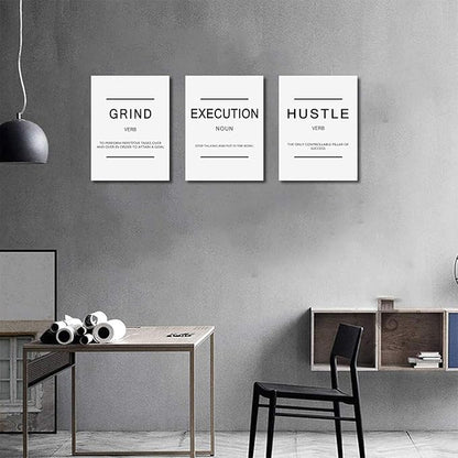 Inspirational Framed Canvas Wall Art - Grind Slogan, Success Quotes, Office Wall Art, Large Poster, Positive Motivational, Execute Poster (C-3pcs, 12x16in x3pcs)