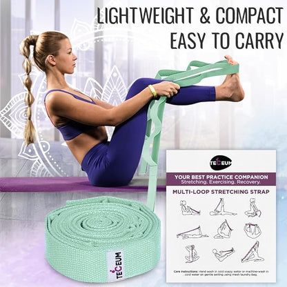 TECEUM Stretching Strap for Yoga & Physical Therapy – 10 Loops – Non-Elastic Leg Stretch Straps for Stretching, Exercising, Pilates, Post-Injury Rehabilitation for All Levels – Men & Women
