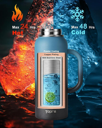 40 oz Insulated Water Bottle with Straw and Lid, Food-grade Double Wall Vacuum Stainless Steel Flask with Handle,Leakproof Metal Travel Jug With Pouch and Brush,Keep Cold & Hot,Indigo Black