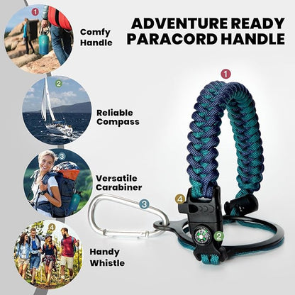 Insulated Water Bottle 64 oz, Triple Wall Vacuum Stainless Steel (Cold for 48 Hrs), Leak Proof & Non-BPA, Half Gallon Water Flask Jug with Paracord Handle & Straw Spout Lids, Cyan Blue