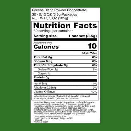 Kin no Aojiru Veggie Blend - 25 Types of Pure Japanese Vegetables Including Young Barley Grass - Ready-to-Use 0.12 oz. (3.5g) Individual Packet × 30pcs - Gluten Free, 2 Pack