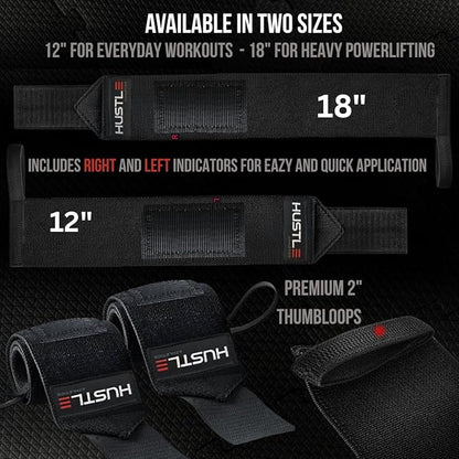 Hustle Athletics Wrist Wraps for Weightlifting – Max Wrist Support for Safe & Heavy Lifts, USPA Approved 18" & 12" Lengths, Thumb Loop Gym Straps for Powerlifting & Weight Lifting for Men and Women