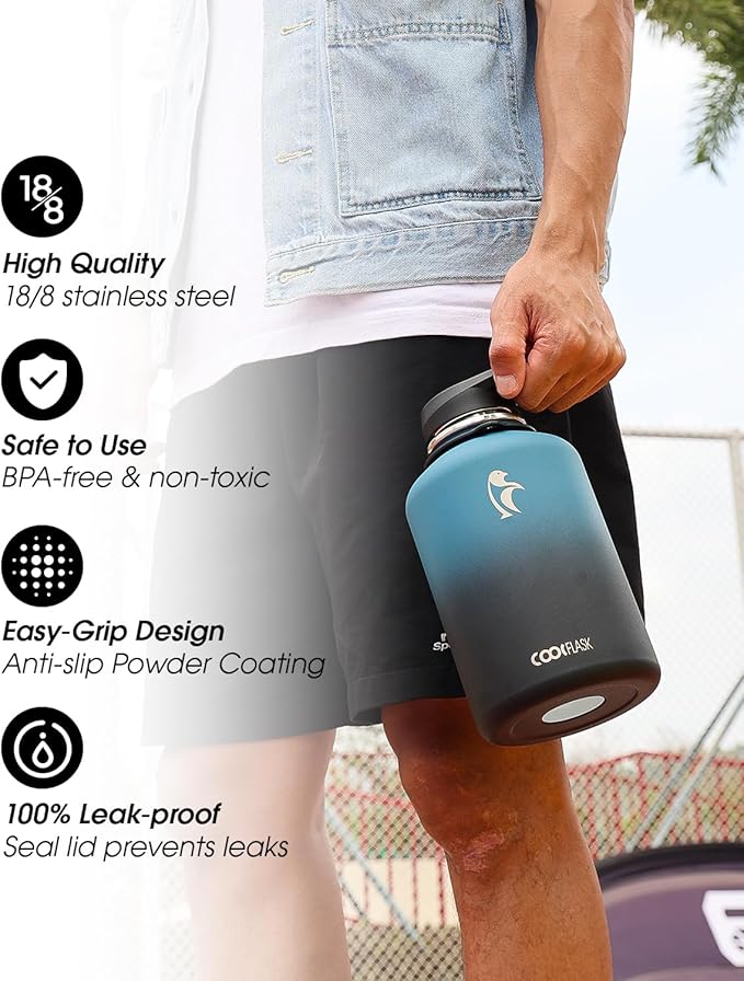 Coolflask 64 oz Water Bottle Insulated with Strap, Half Gallon Water Jug Stainless Steel with Straw & Spout Lids, Metal Large Water Flask, Keep Cold 48h Hot 24h, Leak Proof & Non-BPA, Prussian Blue
