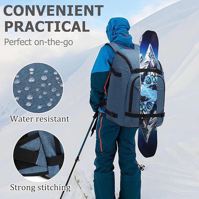 JIANYA Ski Boot Bag, 50L Waterproof Travel Backpack for Snowboard, Ski Helmet, Goggles, Gloves & Accessories, Blue