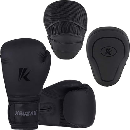 Kruzak Matte Black Boxing Gloves and Pads, Boxing Gloves Training Set for Kickboxing and Muay Thai MMA Training - Boxing Kit for Adults with Punching Pads for Martial Arts and Karate