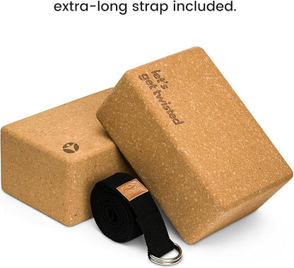 Premium Cork Yoga Blocks - Extra Large Yoga Block 2-Pack or Extra Tall 1-Pack for Inflexible Yogis | Natural, High-Density Cork for Superior Support & Stability | Optional Yoga Strap & Gift Box