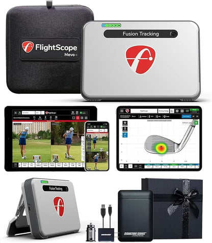 FlightScope Mevo+ Portable Golf Launch Monitor, Rangefinder and Simulator with Signature Power Bundle | 20+ Full Swing & Short Game Data Stats, 12 Courses, 17 Practice Ranges Included