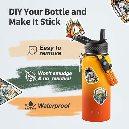 32 oz Insulated Water Bottle with Straw (Cold for 48 Hrs), Stainless Steel Triple Wall Vacuum Sports Water Jug, Leakproof Hydro Cup Flask with Paracord Handle & Straw Spout Lids & DIY Stickers
