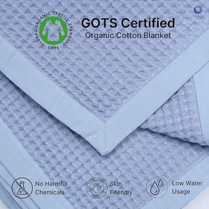 GOTS Certified Organic Cotton Waffle Weave Blanket, Throw Bed Size, 50"X60"Cozy Throw Blanket for Couch, Modern Home Decor, Throw Blankets, Waffle Blanket, Soft Bed Blankets - Powder Blue