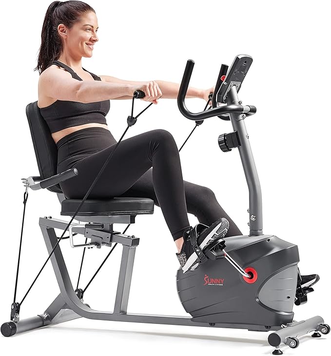 Sunny Health & Fitness Smart Indoor Recumbent Bike Trainer, Home Full Body Workout & Cardio Cycling Machine for Seniors, Free SunnyFit Bluetooth Connect, Optional Arm Exerciser Hand Cycle & Bands