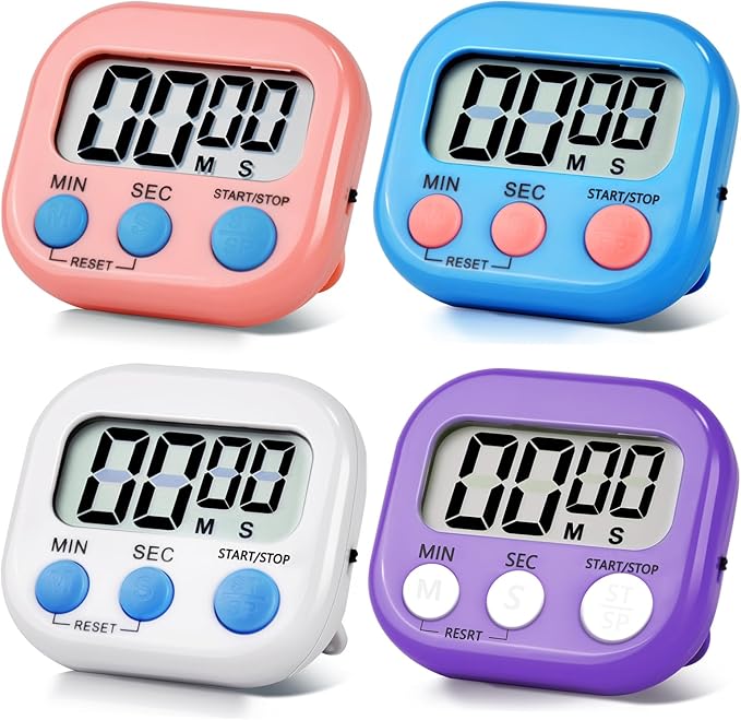 4 Pack Digital Kitchen Timer Magnetic Digital Timer with Big Display Loud Ring Cooking Timers for Cooking, Game, Gym, Break Time, Classroom(4, Pink, Blue, Purple, White)