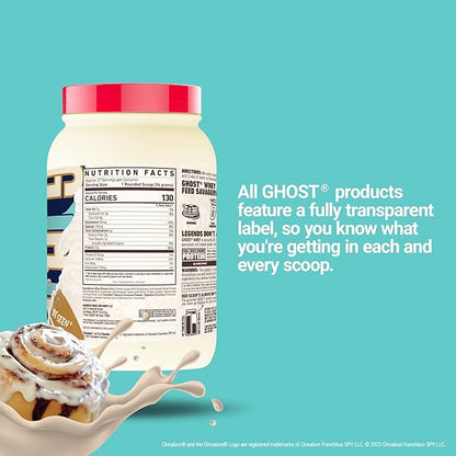 GHOST Whey Protein Powder, Cinnabon - 2LB, 25G of Protein - Cinnamon Roll Flavored Isolate, Concentrate & Hydrolyzed Whey Protein Blend - Post Workout Shakes - Soy & Gluten Free