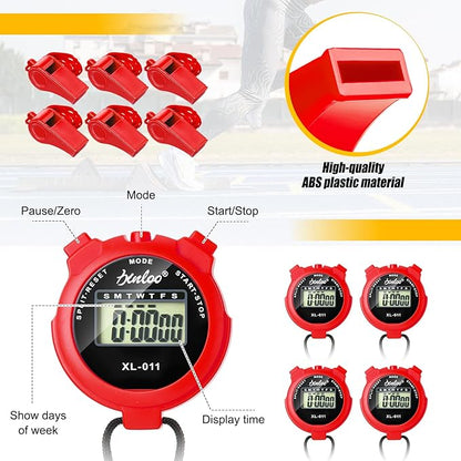 48 Pcs Digital Stopwatch Timer Plastic Whistle Bulk for Sports Coaches Referee Waterproof Watch Timer Whistle with Lanyard Multi Function Electronic Fitness Date Alarm (Red)