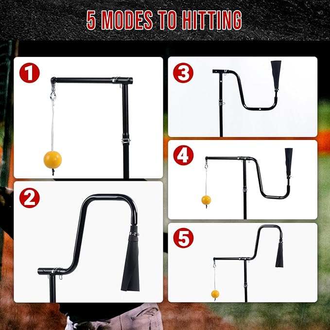3-In-1 Baseball Softball Batting Tee,5 Hitting Modes To Choose,Auto Reset Baseball Swing Trainner With Tethered Ball,Handrolled Rubber Top,Weighted Base,Height Adjustable Hitting Tee For All Players