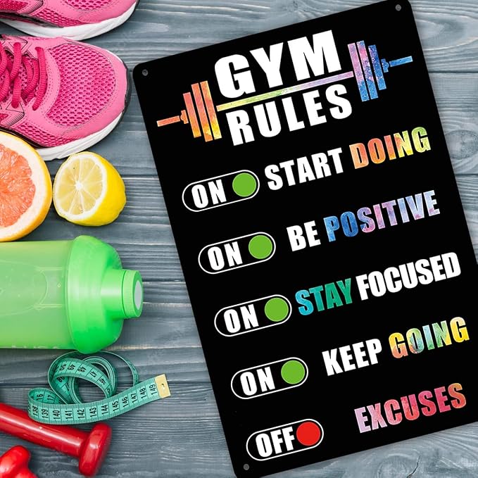Gocolt Home Gym Rules Signs Workout Motivational Quote Hanging Sign - Exercise Poster - Gym Room Sign for Men's Cave Interior Home Art Metal Tin Wall Decor 8x12 Inches