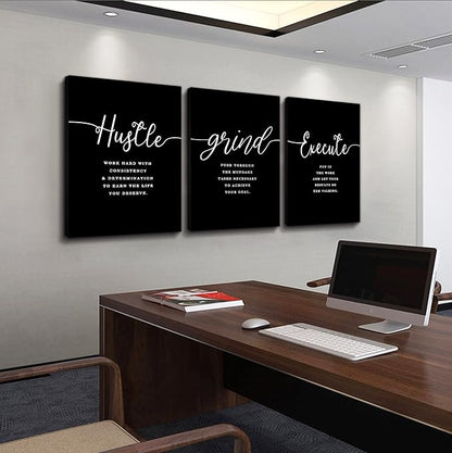 Hustle Quotes Execute Prints, Framed Canvas Wall Art Success Quote, Office Wall Art, Black Large Poster, Positive Motivational Set of 3 Prints, Boss Gift (F-3pcs,20x30inchx3pcs)
