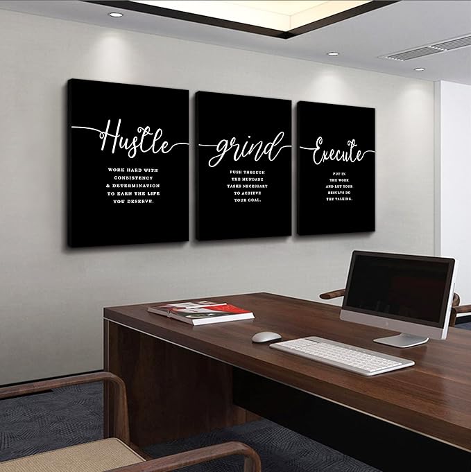 Hustle Grand Slogan Poster,Gift for Boss, Present for Father, Framed Canvas Wall Art Success Quote, Office Wall Art, Black Large Poster, Inspirational Print (F-3pcs,16x24inchx3pcs)