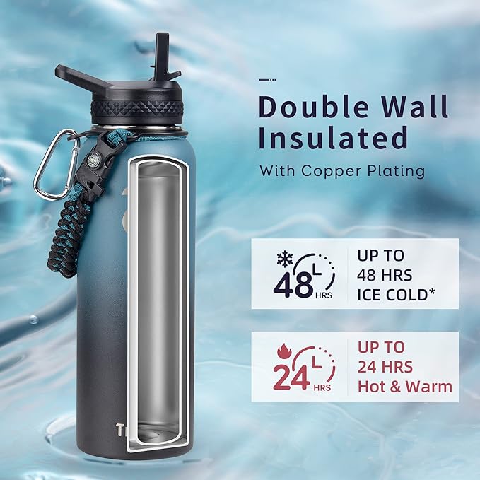 Trebo Water Bottle Insulated 40oz with Paracord Handle, Vacuum Double Wall Stainless Steel Water Jug, 48hr Cold Retention, Leakproof BPA-Free Flask With 3 Lids Fits in Car Cup Holder, Indigo/Black