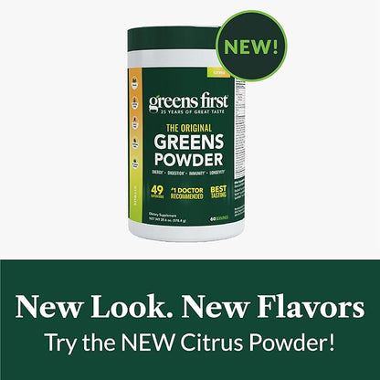 Greens First Original Greens Powder - 49 Superfoods - Organic Fruits & Veggies - Prebiotics, Probiotics & Digestive Enzymes - Antioxidant Smoothie - Dairy Free/Vegan/Non-GMO (Citrus, 60 Servings)