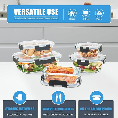 12 Pack Glass Food Storage Containers with Airtight Lids for Meal Prep, Leftover, BPA-Free, Leak-Proof, Freezer to Microwave Safe (12 Lids & 12 Containers)