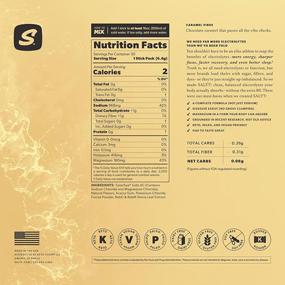 Keto Chow SALTT Electrolytes Powder Packets, Caramel Vibes (30 Hydration Packets) - Magnesium, Potassium, Sodium, Trace Minerals - Vegan, Gluten Free, Sugar Free - Travel Essentials - Made in USA