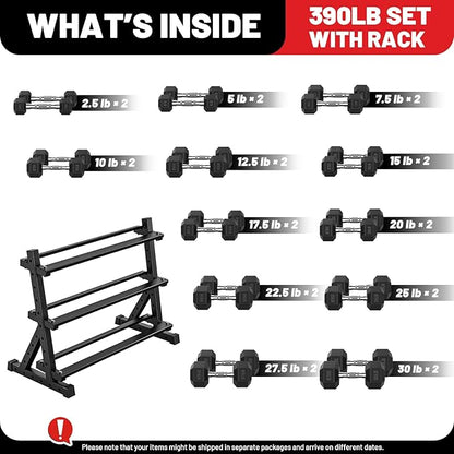 PAPABABE Hex Dumbbell Set with Rack, Rubber Encased Free Weight with Weight Storage Racks, Multiple Weight Options for Home Gym and Fitness