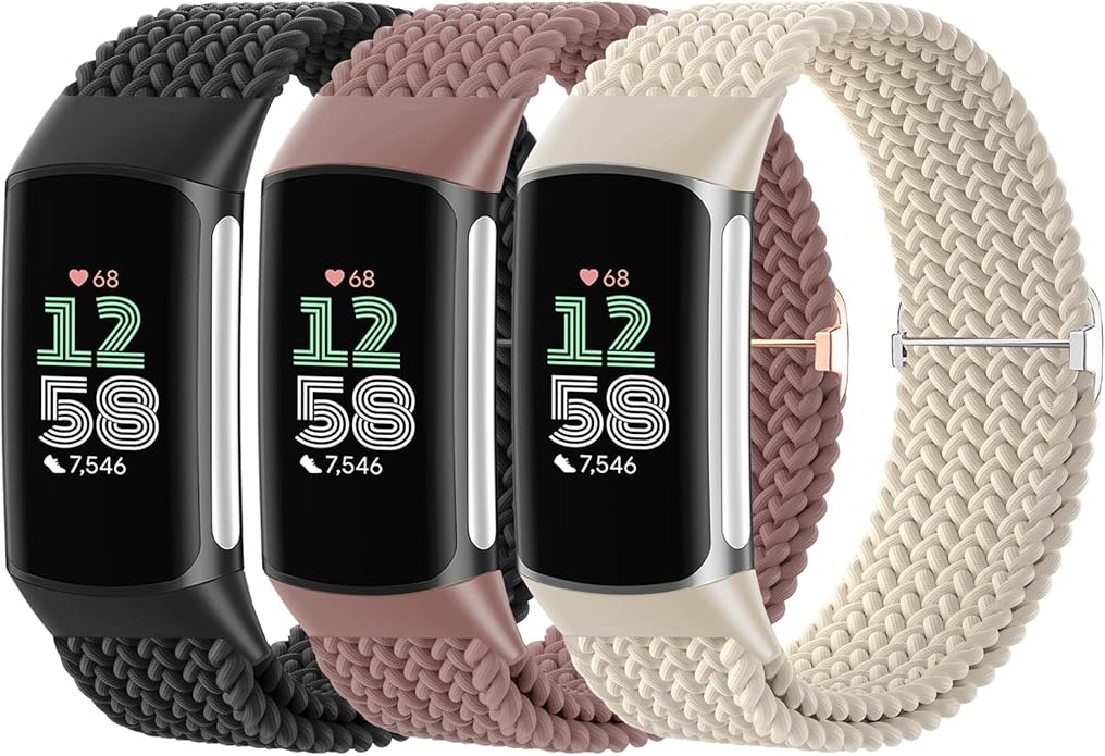 Braided Solo Loop Bands Compatible with Fitbit Charge 6/Charge 5, 3 Pack Adjustable Stretchy Wristbands Soft Woven Nylon Replacement for Fitbit Charge 5/Charge 6 Tracker Smart Watch for Women Men