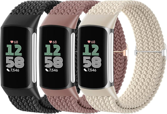 Braided Solo Loop Bands Compatible with Fitbit Charge 6/Charge 5, 3 Pack Adjustable Stretchy Wristbands Soft Woven Nylon Replacement for Fitbit Charge 5/Charge 6 Tracker Smart Watch for Women Men