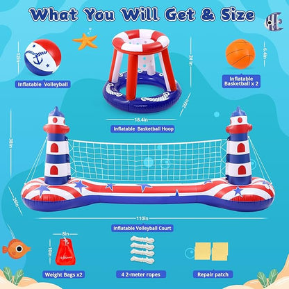 EagleStone Inflatable Pool Float Set with Volleyball Net & Basketball Hoop,2-in-1 Floating Water Games for Kids Adults, Backyard Beach Summer Toys, Heavy-Duty PVC Family Pool Party Essentials