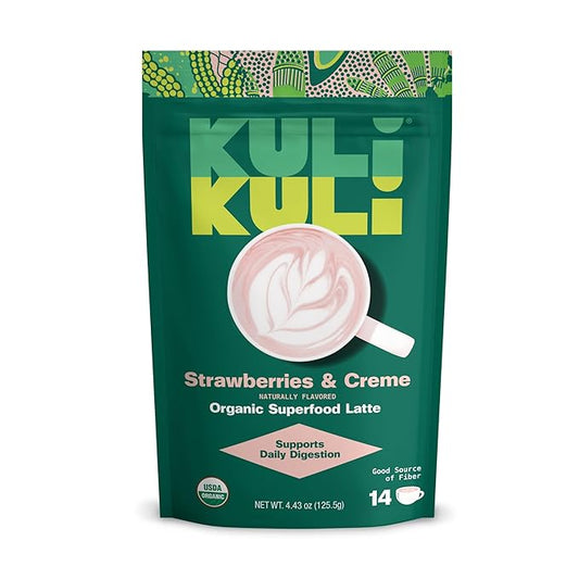 Kuli Kuli Strawberries & Crème Organic Superfood Latte - Strawberry Flavor. Packed with Psyllium Husk for Digestive Support with Hibiscus and Baobab