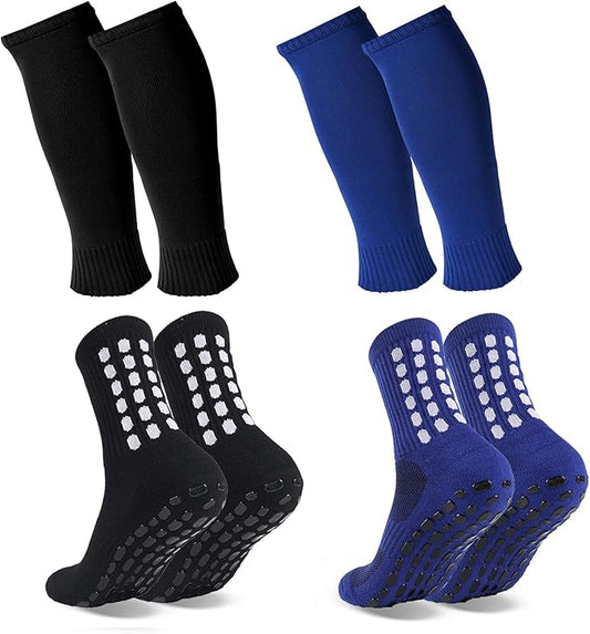 2 Set Grip Soccer Socks with Shin Guard Sleeves Non Slip Soccer Leg Sleeve Socks for Men Women