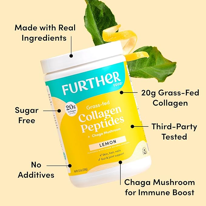 Further Food Lemon Collagen Peptides Powder, Grass-Fed Pasture-Raised Hydrolyzed Type 1 & 3 Protein, Gut Health + Joint, Hair, Skin, Nails, Paleo Keto Sugar-Free 10.50 oz
