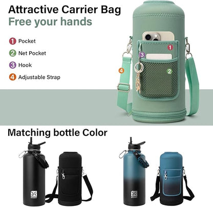 Insulated Water Bottle | Thickened Stainless Steel for Gym and Hiking with Straw, Carrier Bag, Handle Strap | BPA-Free 87 oz