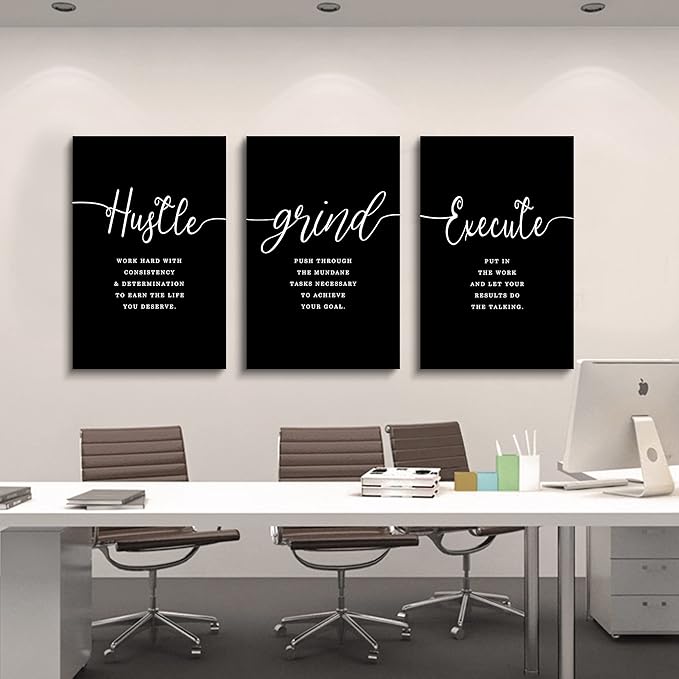 Hustle Grand Slogan Poster,Gift for Boss, Present for Father, Framed Canvas Wall Art Success Quote, Office Wall Art, Black Large Poster, Inspirational Print (F-3pcs,16x24inchx3pcs)