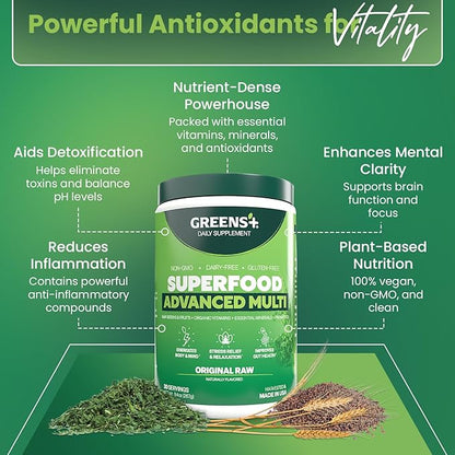 Greens+ Advanced Multi Raw Superfood | Essential Blend of Raw Foods, Superfruits and Sea Vegetables Powder | Vegan | Dietary Supplement | Non GMO, Soy Dairy & Gluten-Free | Size 9.4oz