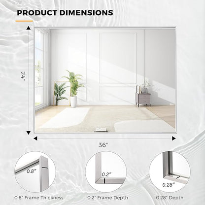 24x36 Inch Nickel Bathroom Mirror for Wall, Aluminum Frame Rectangle Rectangular Vanity Mirror, Modern Large for Bedroom, Living Room, Horizontal or Vertical